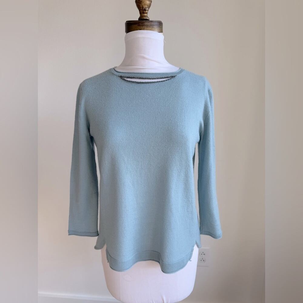 DOROTHEE SCHUMACHER POWDER BLUE WOOL SWEATER 3/4 HARDWARE CUTOUT MEDIUM